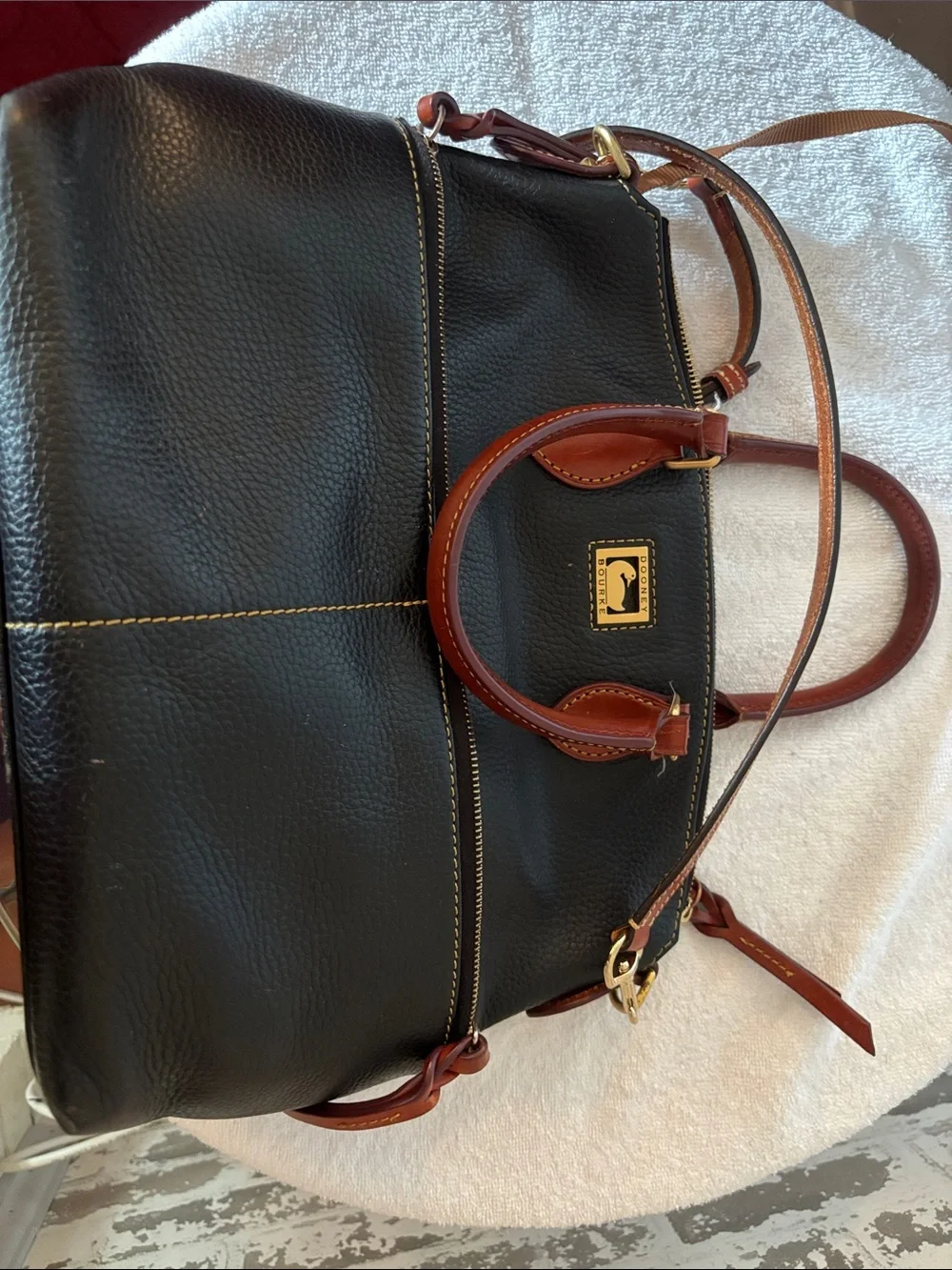 Dooney & Bourke Black Leather Tote with Brown Trim and Gold Hardware